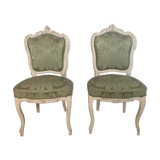Two Louis XV style chairs, spine and green silk fabrics