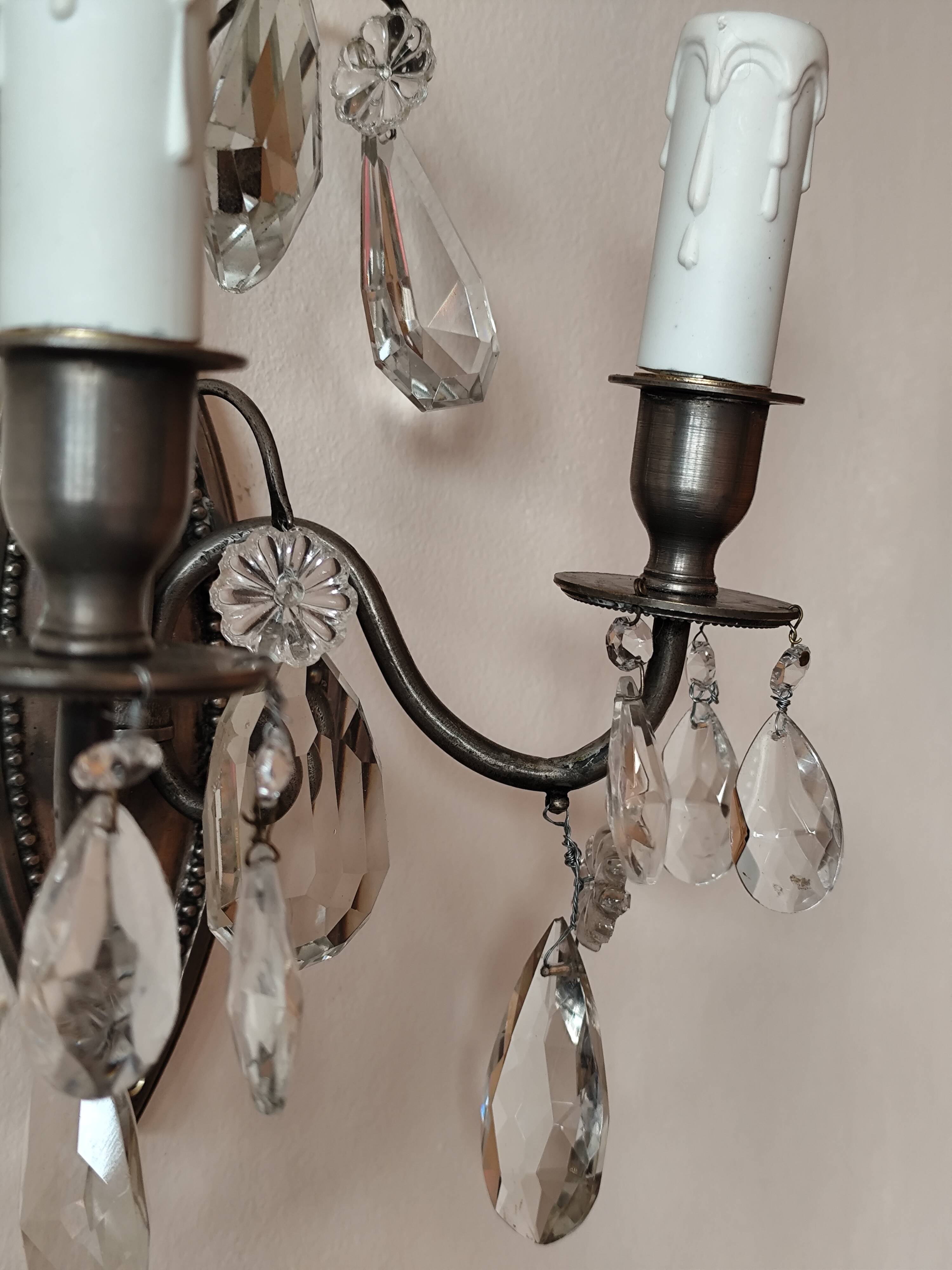 Wall light in tinned brass and crystal pendants - rococo light 2 lights