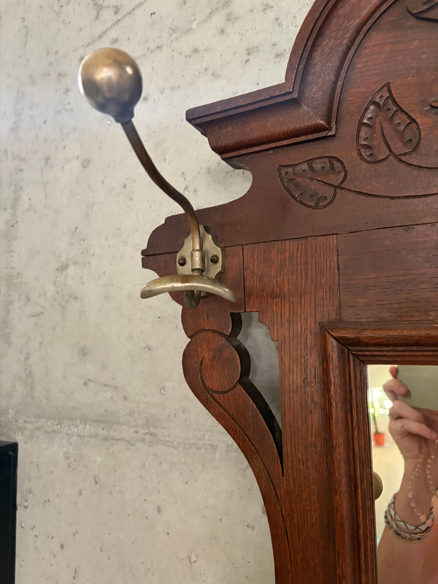 Antique oak carved coat stand, mirror and umbrella stand — late 19th century