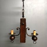 Medieval 2-light chandelier ~ hammered and patinated wrought iron ~ oak ~ 60s ~ France