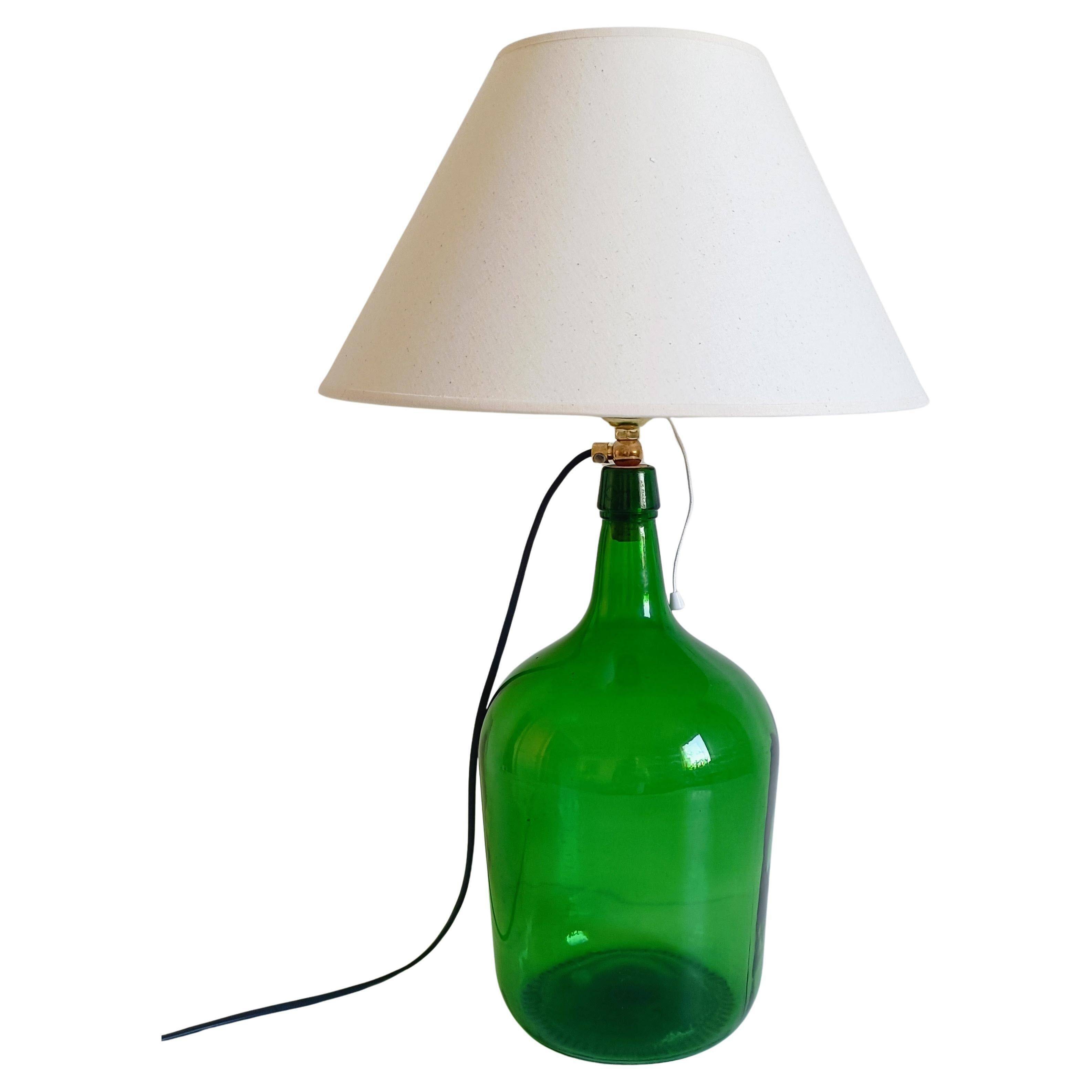 Mid-Century Green Glass Demijohn Table Lamp, Brass Fittings, Contemporary Shade