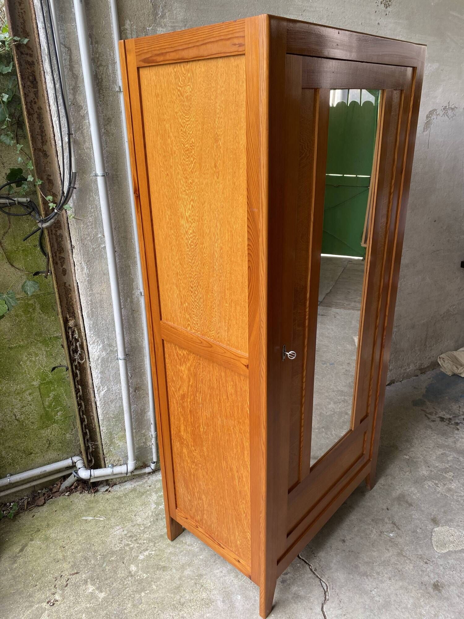 Vintage Parisian wardrobe with one mirrored door from the 60s in pine and wood