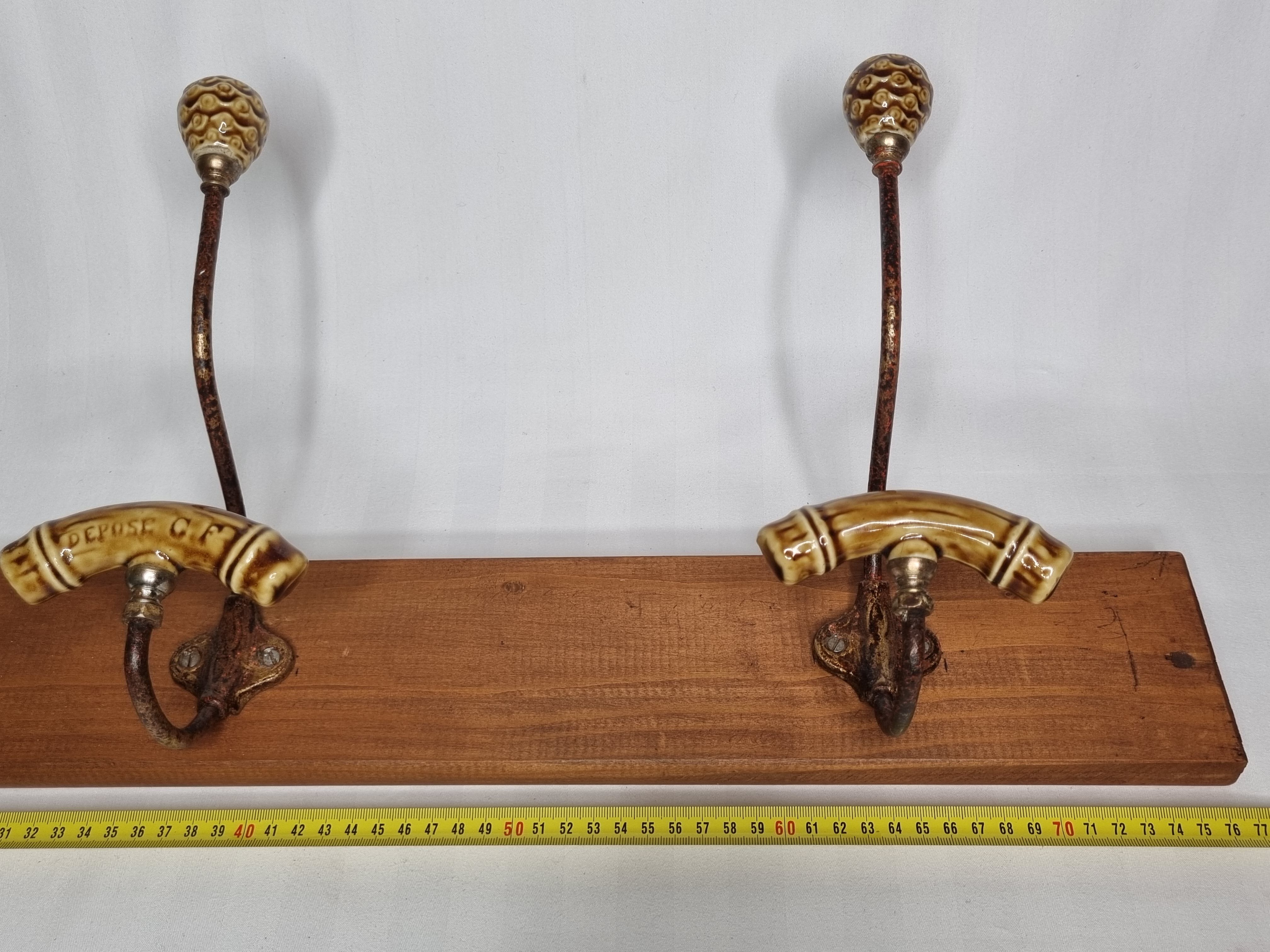 Wall coat rack, three metal and ceramic hooks in imitation of bamboo, 1900