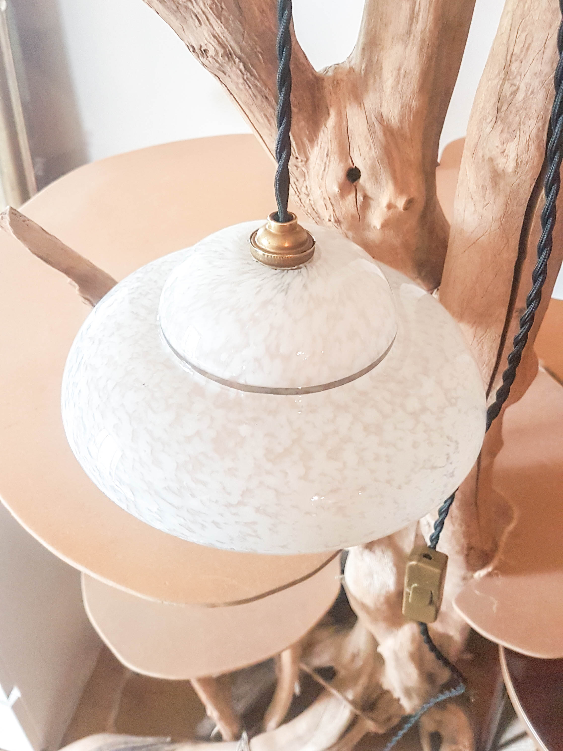 White opaline glass Clichy lamp, vintage pendant light