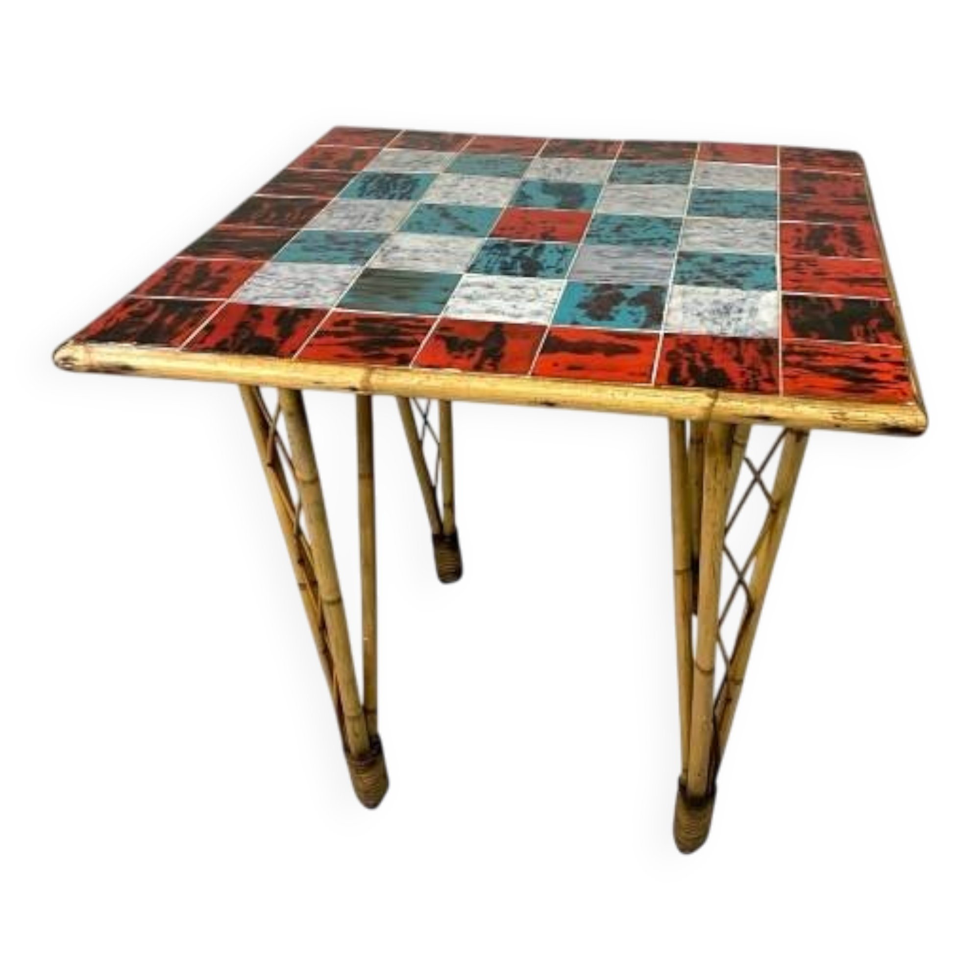 Vintage bamboo dining table with red, white and blue checks, 1950s