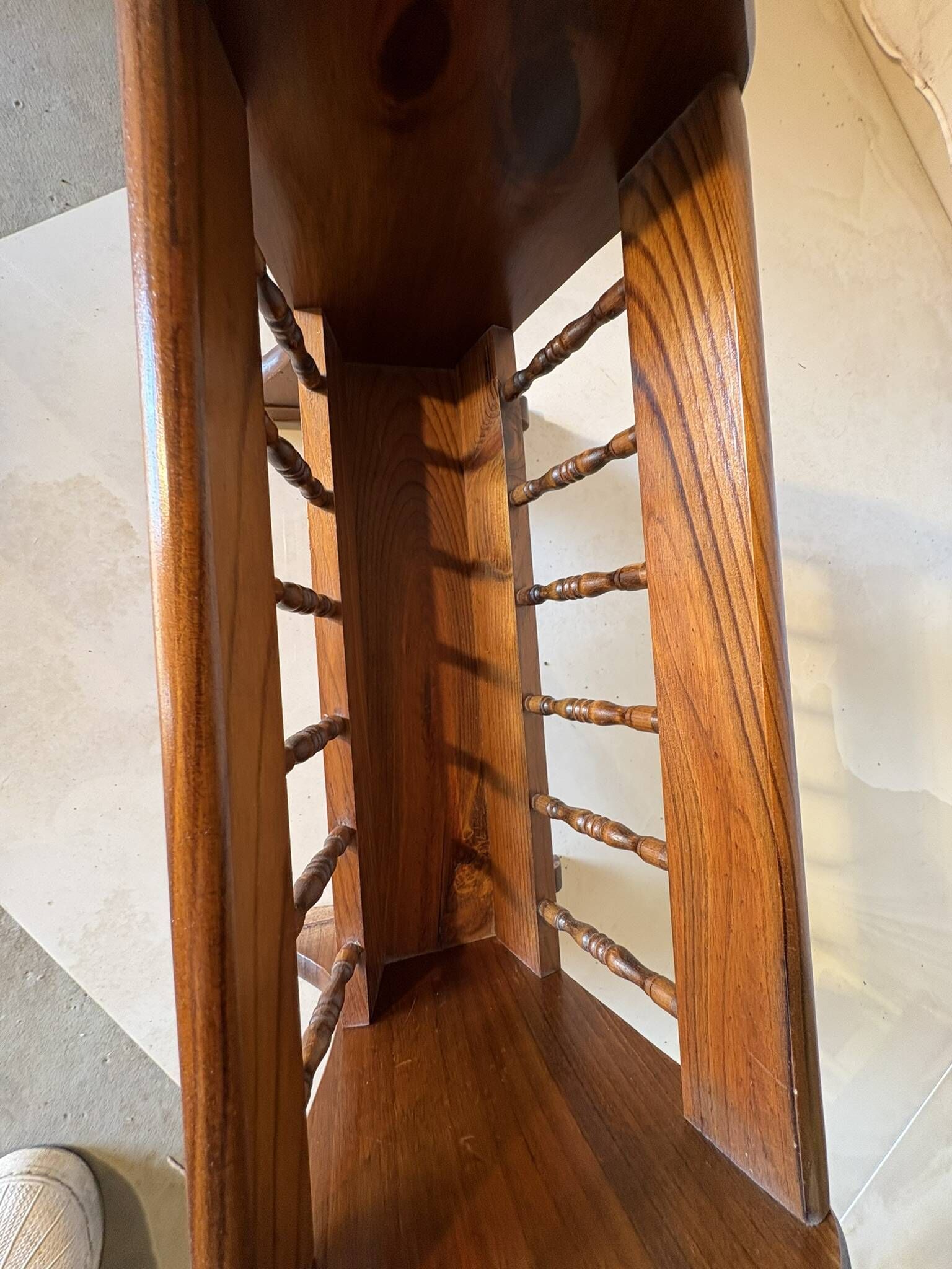 Side table, vintage turned wood magazine rack