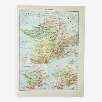 Gravure ancienne 1898, Carte de la Gaule, France ancienne • Lithographie, Planche originale