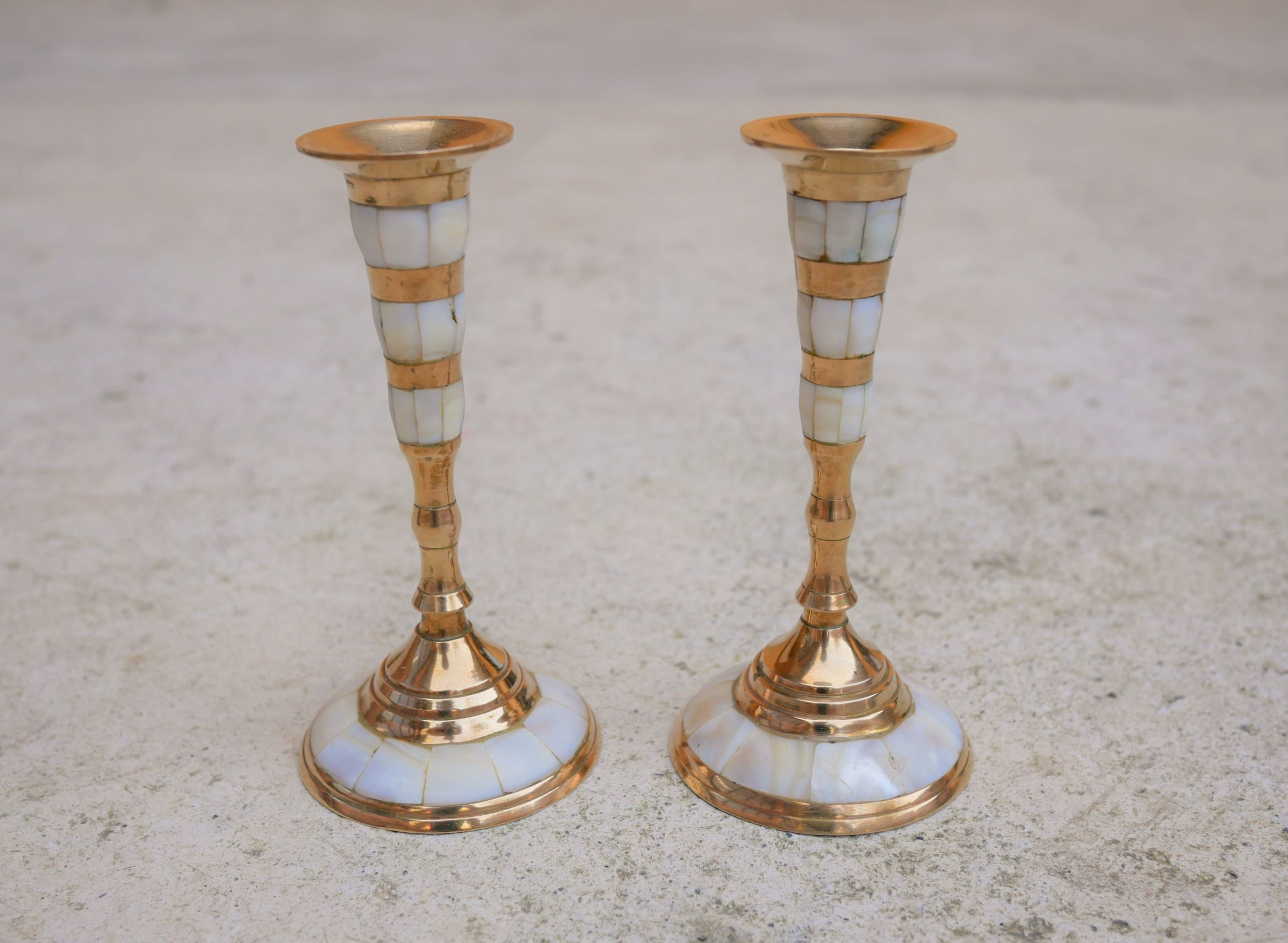 Pair of vintage brass and mother-of-pearl candlesticks
