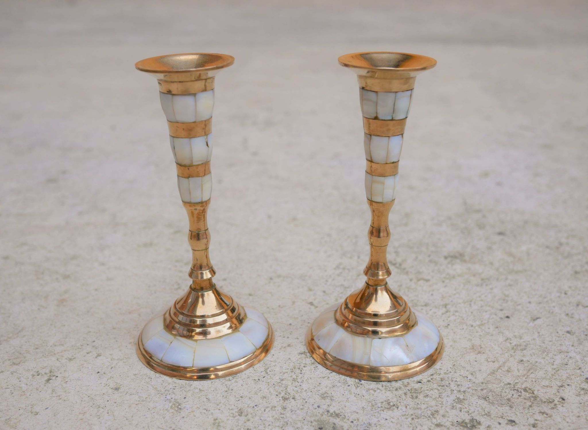 Pair of vintage brass and mother-of-pearl candlesticks