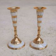 Pair of vintage brass and mother-of-pearl candlesticks
