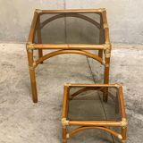 Ensemble de tables basses en rotin et verre fumé