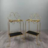 Pair of vintage side tables in gilt metal, with glazed ceramic tops