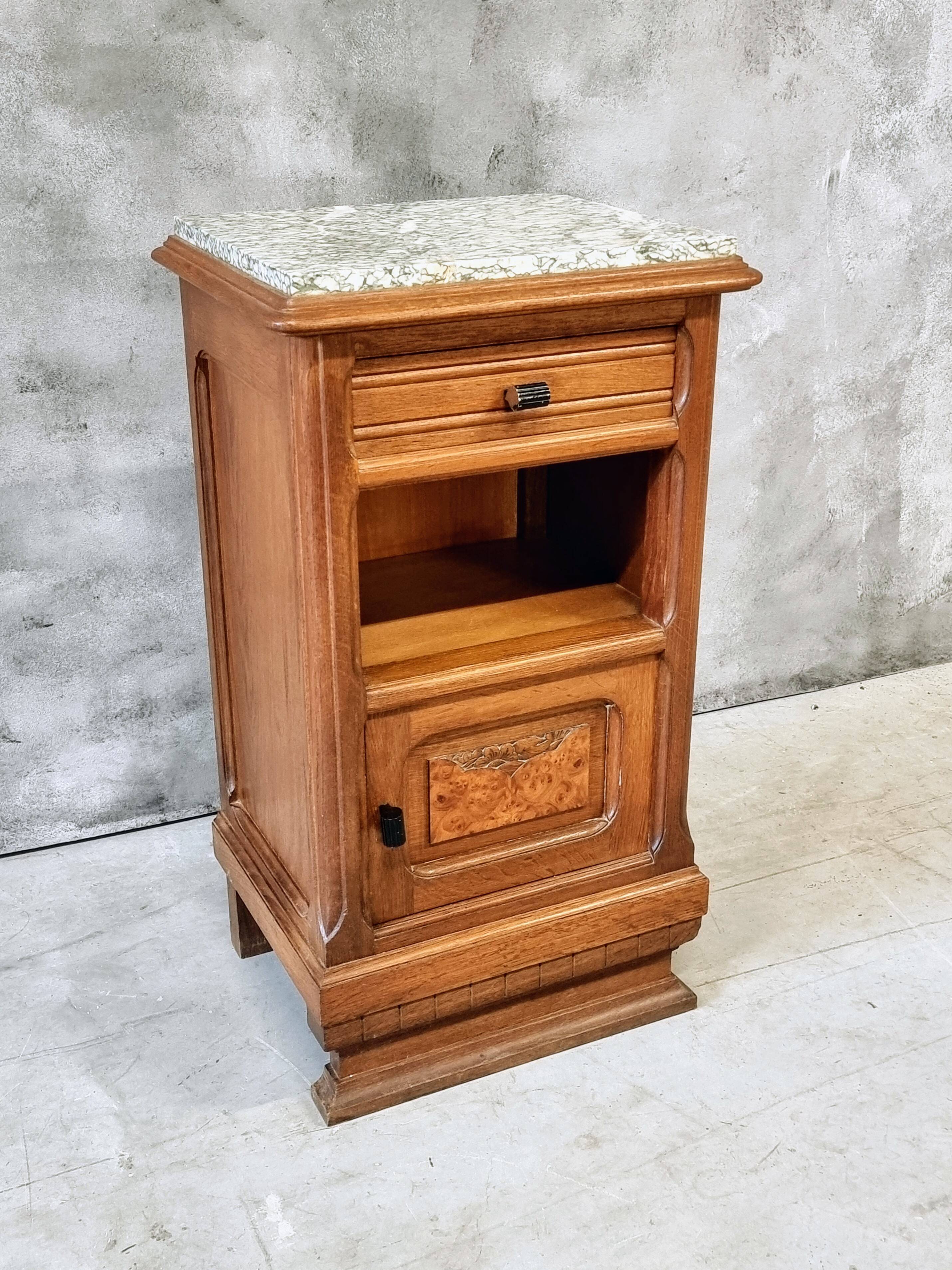 Antique Art Deco bedside table, oak entrance table with marble top