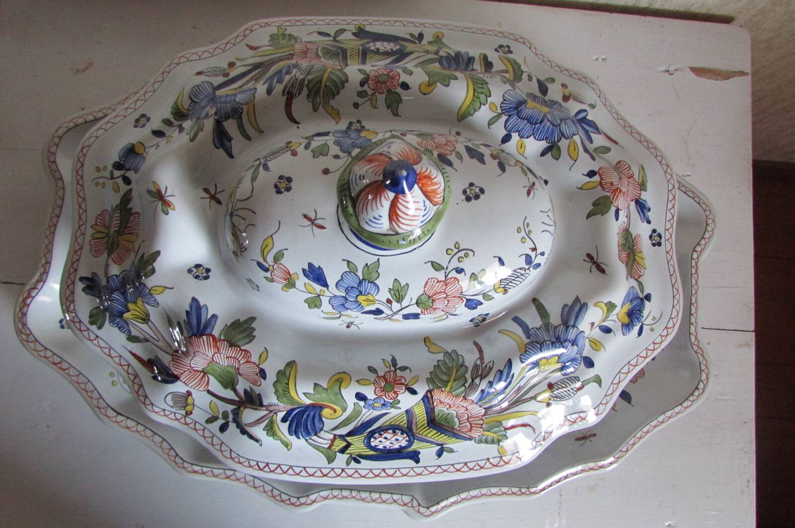 Compotier, soup tureen, vegetable dish in Rouen earthenware
