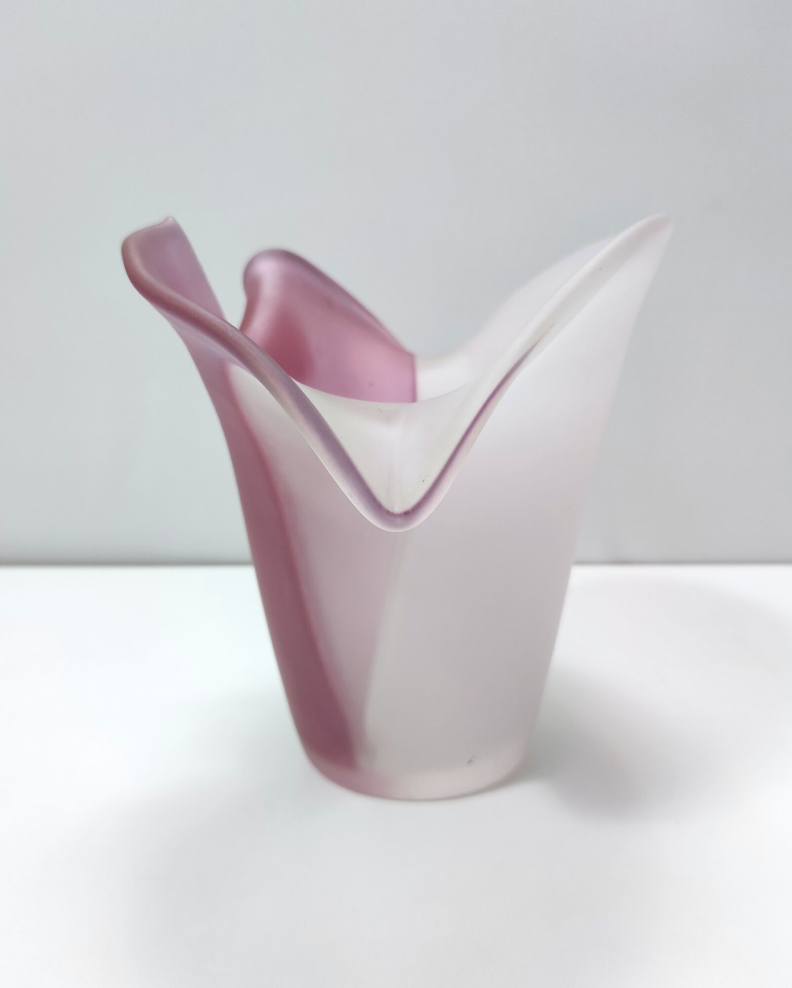 Stunning Double Color White and Pink Etched Murano Glass Vase, Italy, 1980s