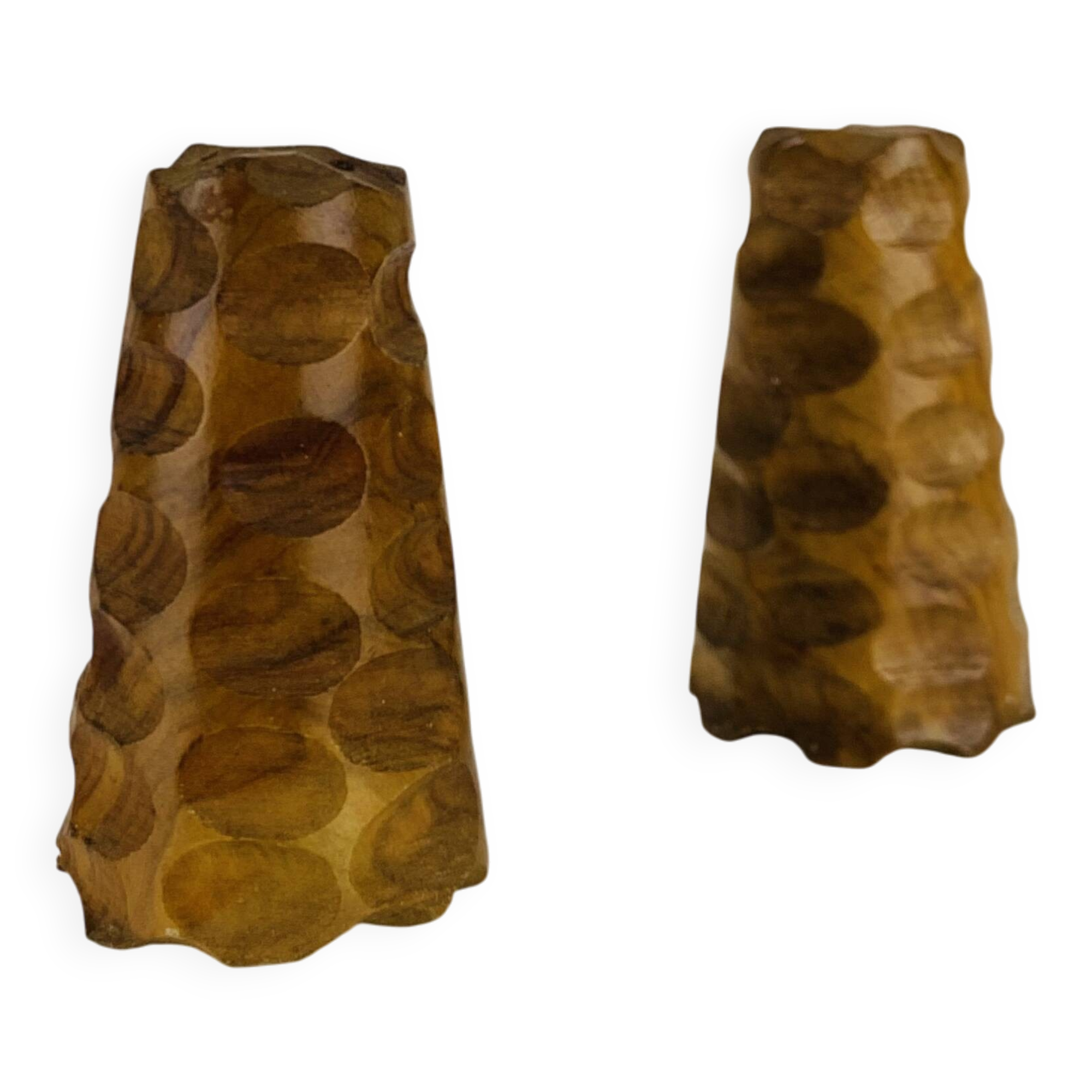Vintage gouged olive wood salt and pepper shakers.