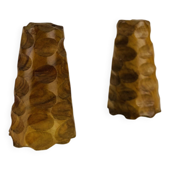 Vintage gouged olive wood salt and pepper shakers.