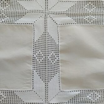 Vintage French handmade crochet/linen tablecloth