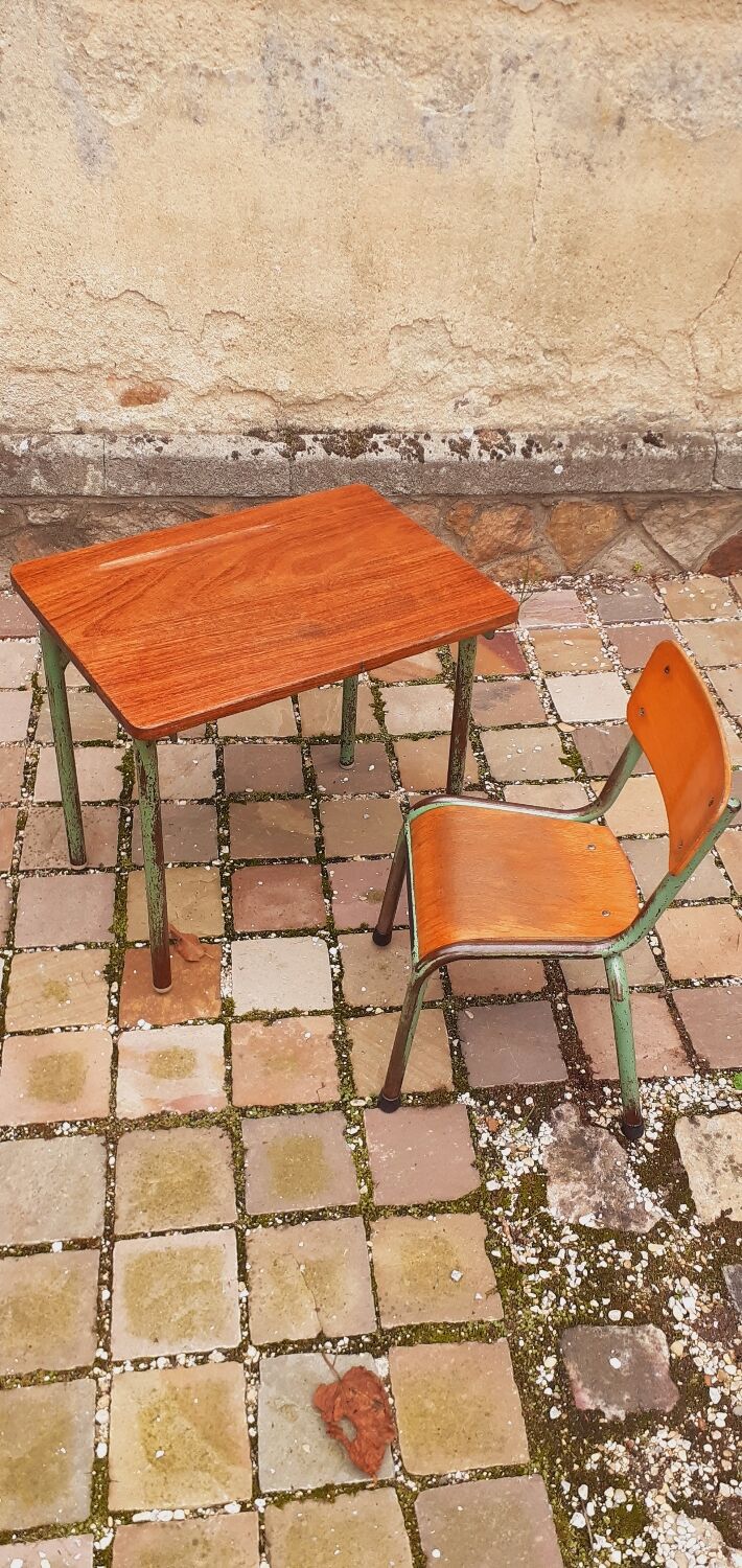 Children's desk and its chair year 50 solid teak tubular structure
