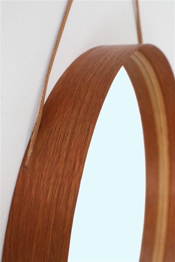 Rare round "#103" wall mirror / teak, leather, brass / by Glas Mäster, Markaryd, Sweden / 1960s / 1970s / Mid-Century Modern Design