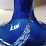 Long flared neck ball vase. Smoked scrolls in cobalt blue art glass, 30cm