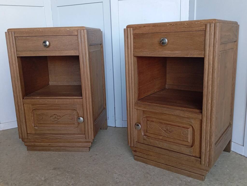 Pair of Art Deco bedside tables in solid oak
