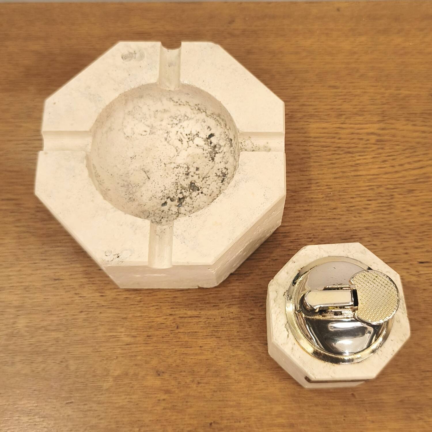 Travertine ashtray and lighter, design by Cerri Nestore, 1970.