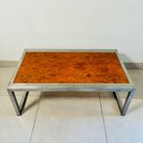 Vintage coffee table in elm burl and stainless steel base – Design 1970