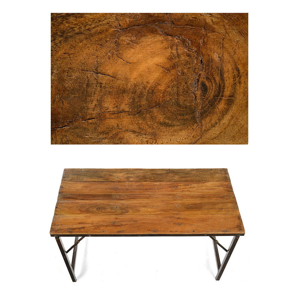 Folding dining room table with wooden tray and iron feet