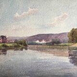 Tableau Aquarelle ancienne "Maison sur le Lac"