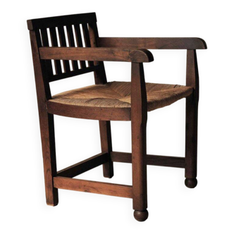 Fauteuil artisanal en chêne et paille, France, vers 1950