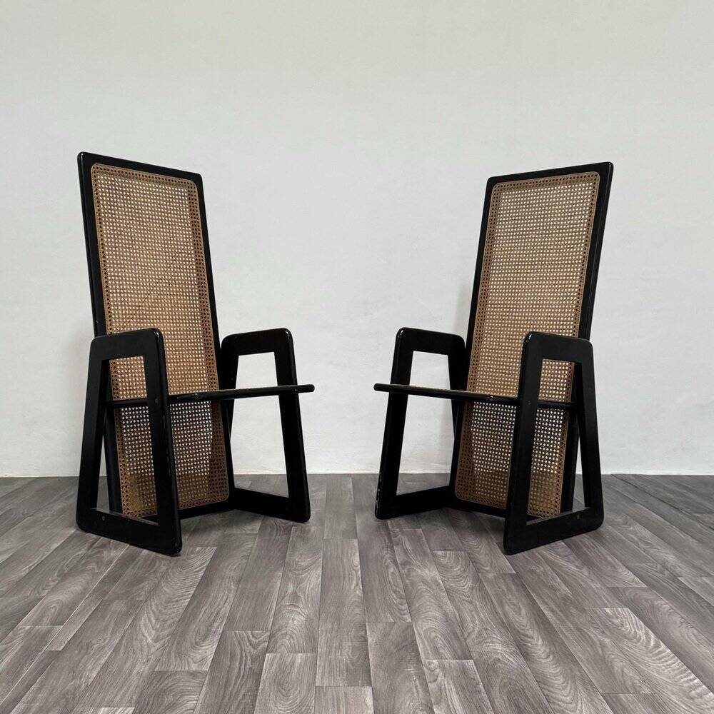 High-Backed Chairs in Lacquered Vienna Straw, 1970s, Set of 2