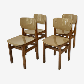 Set of 4 dining chairs in oak and plastic, Czechoslovakia, 1960s