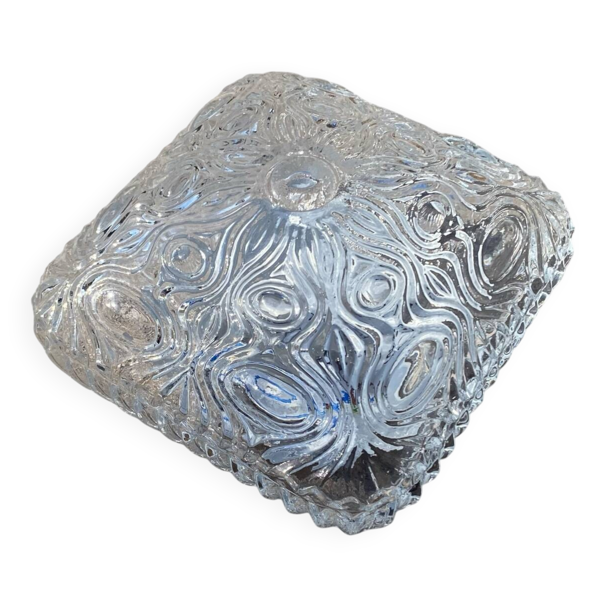 Small square wall light ceiling fixture in vintage moulded glass from the 1970s 1980s.