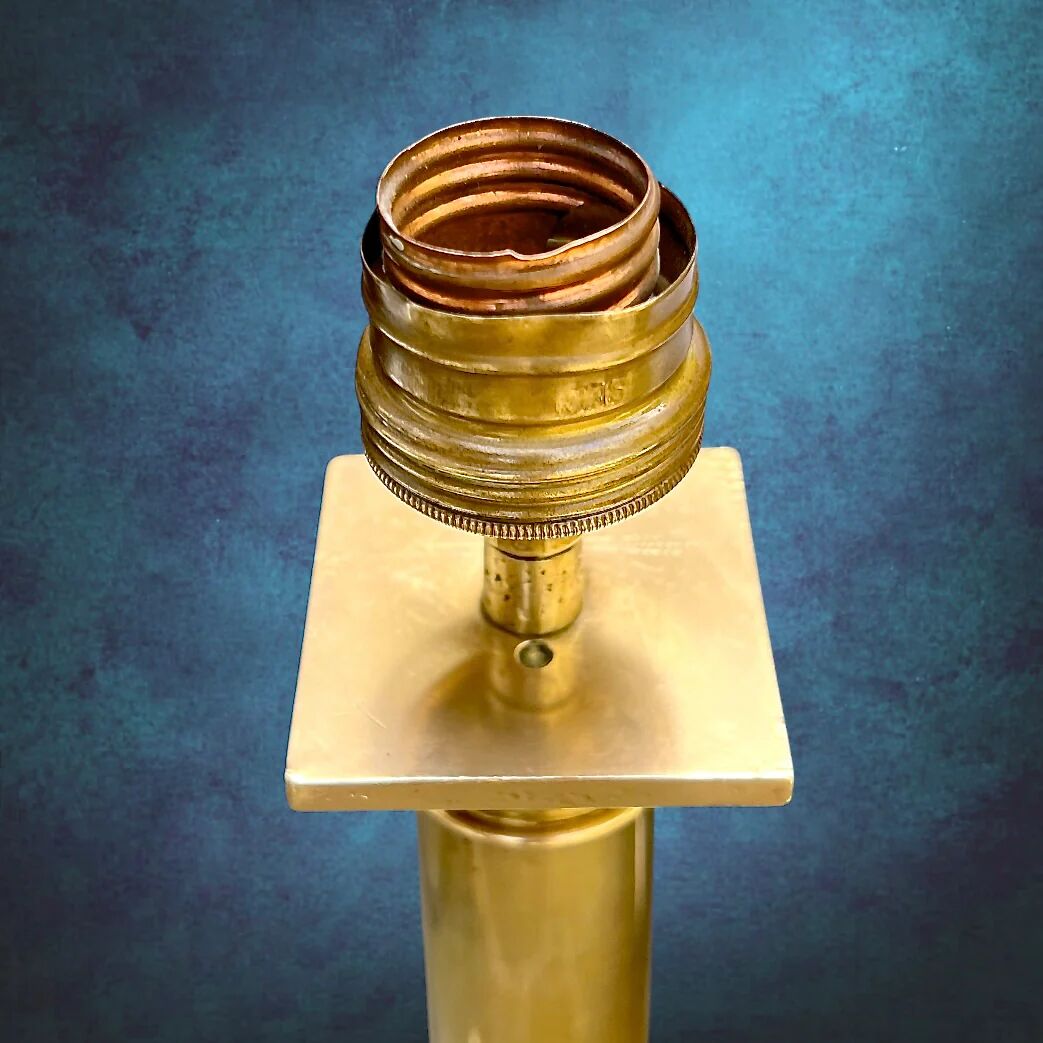 Large vintage brass lamp base in neoclassical column style with a copper socket.