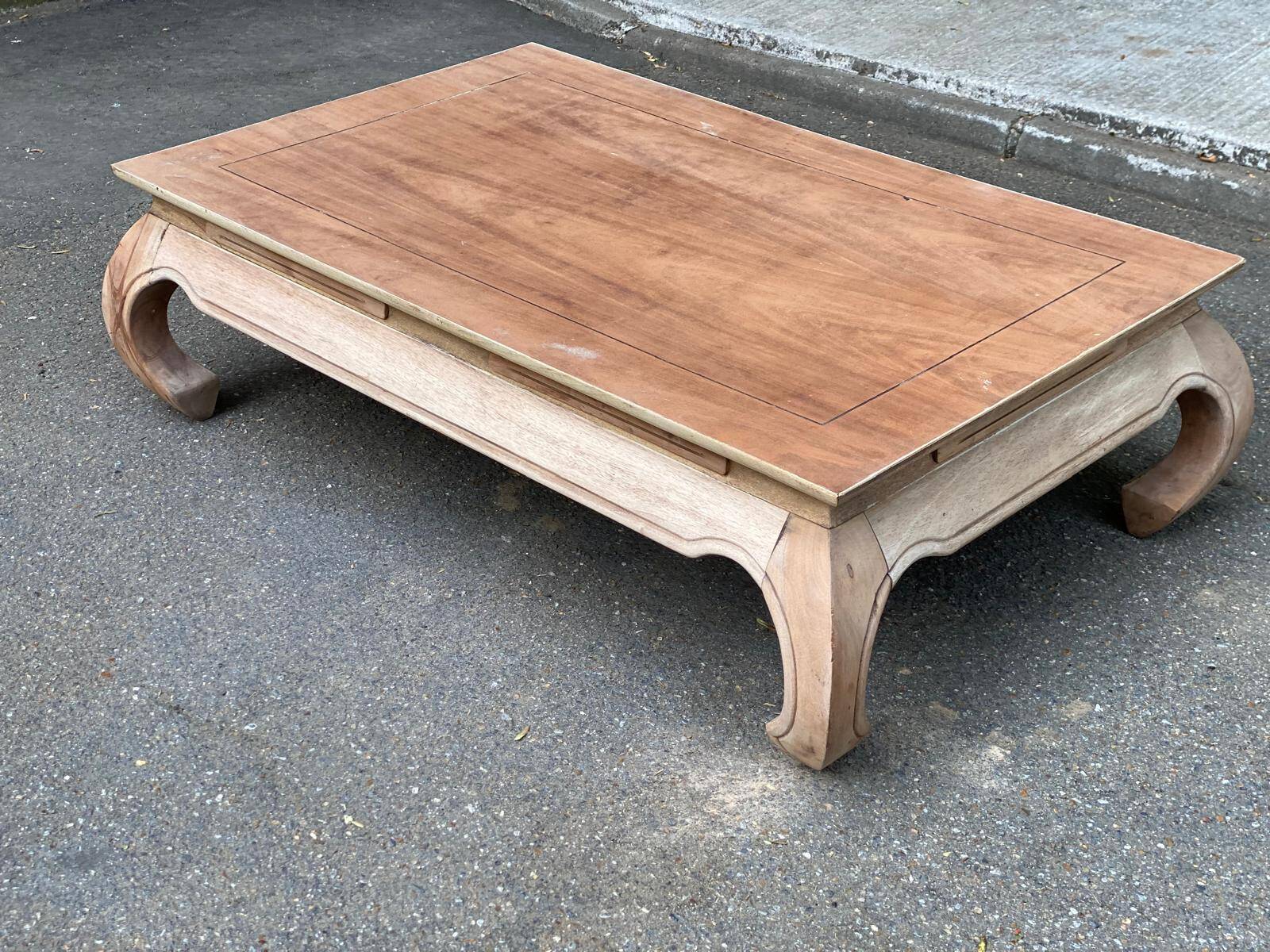 Decapitated opium coffee table in raw wood from the 90s.