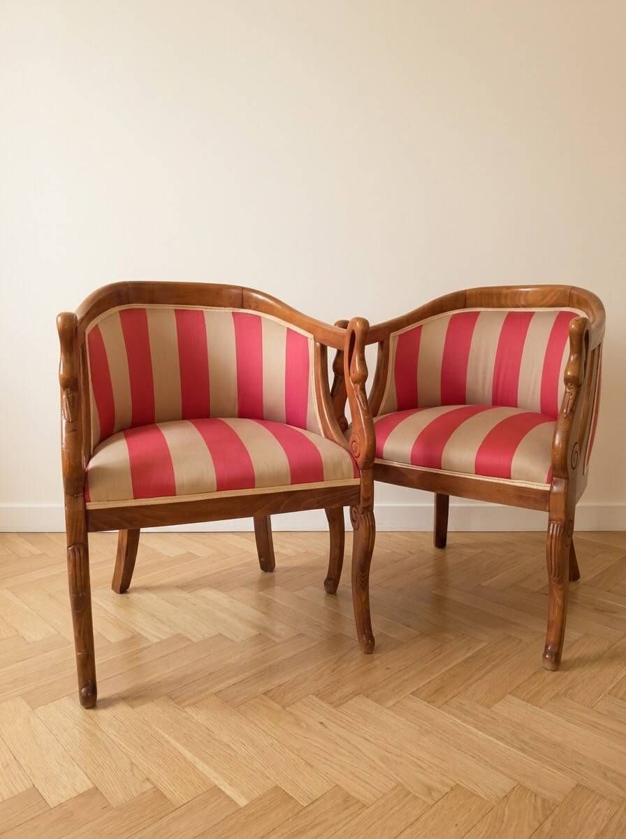 Pair of gondola armchairs with swan neck in Louis XV style, striped pink fabric.