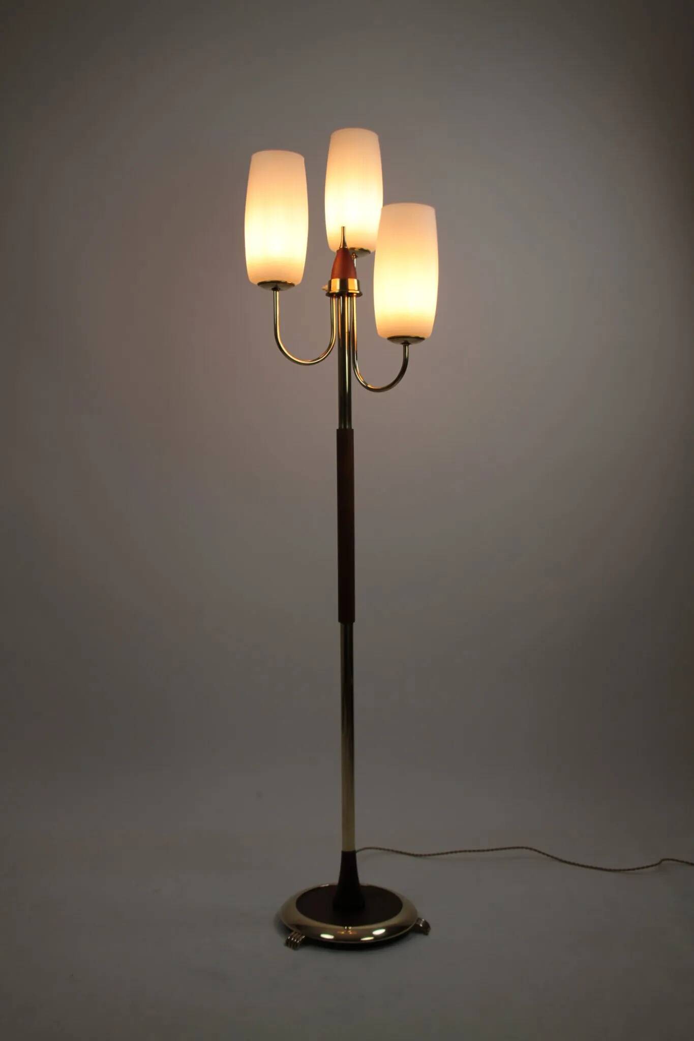Brass & Teak Three-Light Candelabra Floor Lamp — Scandinavia, 1940s/1950s