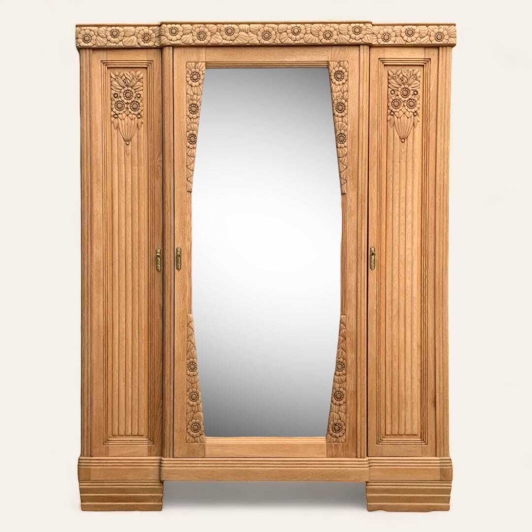 Parisian Art Deco style wardrobe in solid raw oak, 1950