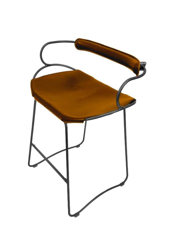 Contemporary bar stool with a smoked black steel backrest and natural tobacco leather.