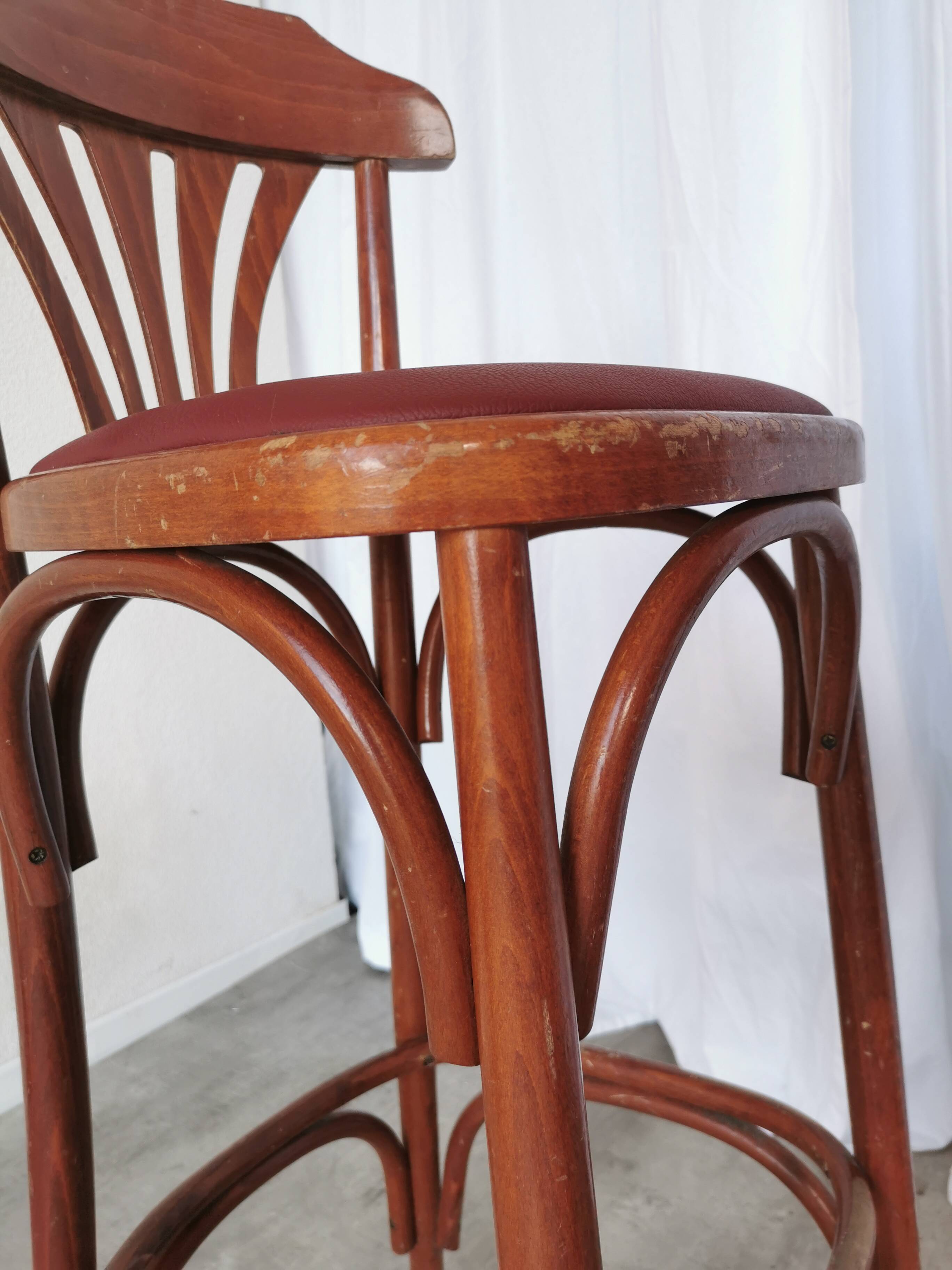 Mid-Century Thonet Style Bar Stools: Red Faux Leather Seat, Set of 2