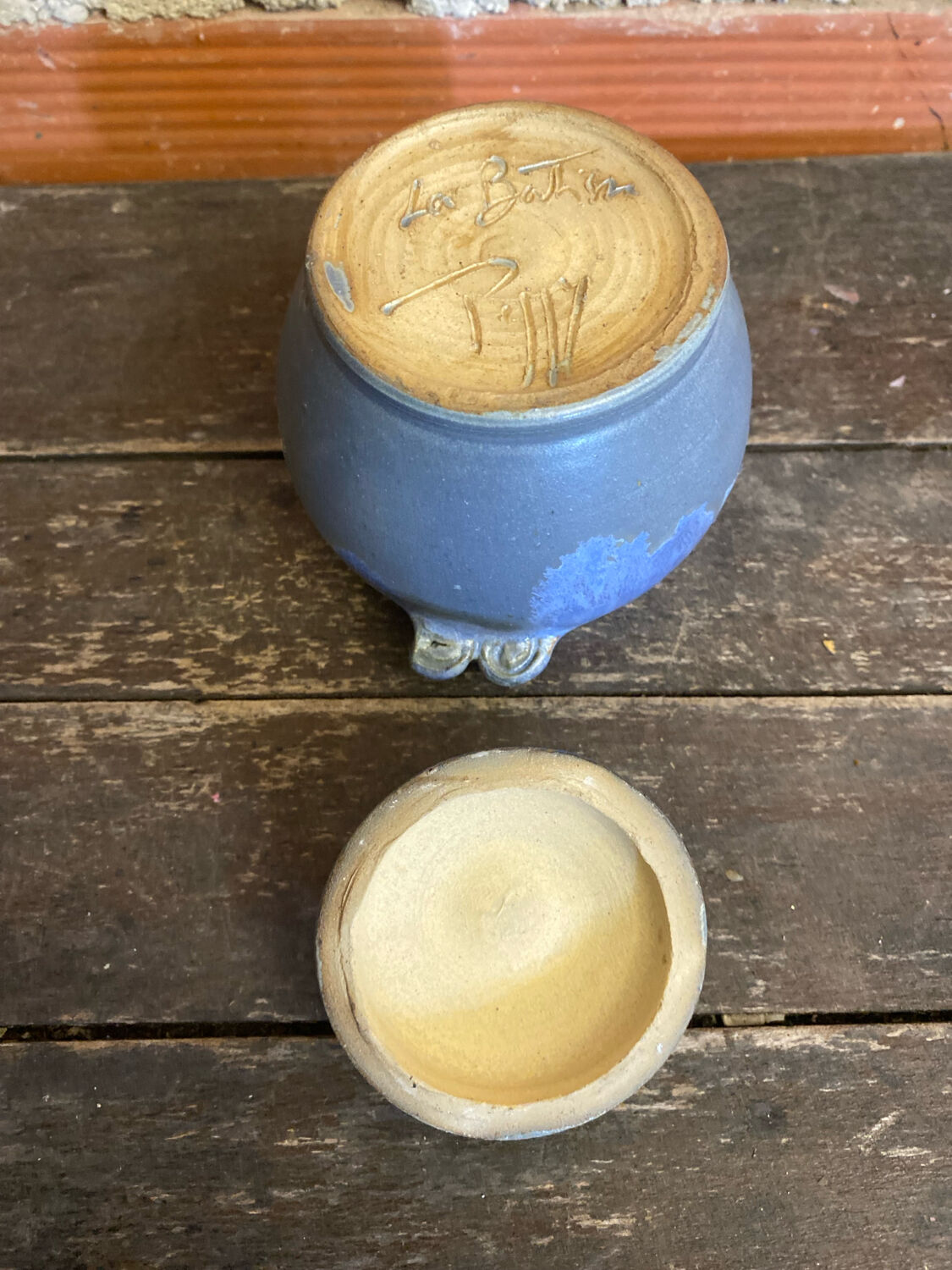 Apothecary pot + old lid peggy la bathie glazed polychrome stoneware