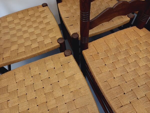 Suite de 6 chaises vintage Arts & Crafts style Antonio Calligaris en bois de chêne corde années 50