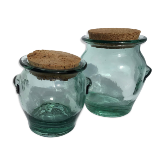 2 Jars molded glass green cork stoppers
