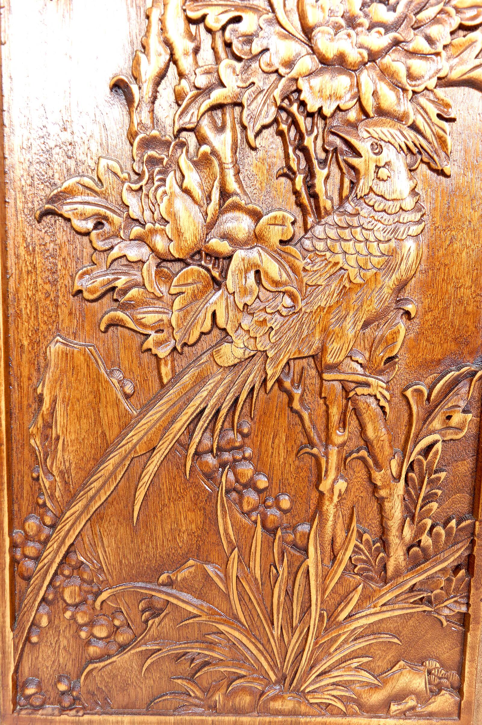 3 carved wooden panels, floral and animal decorations, Indochina