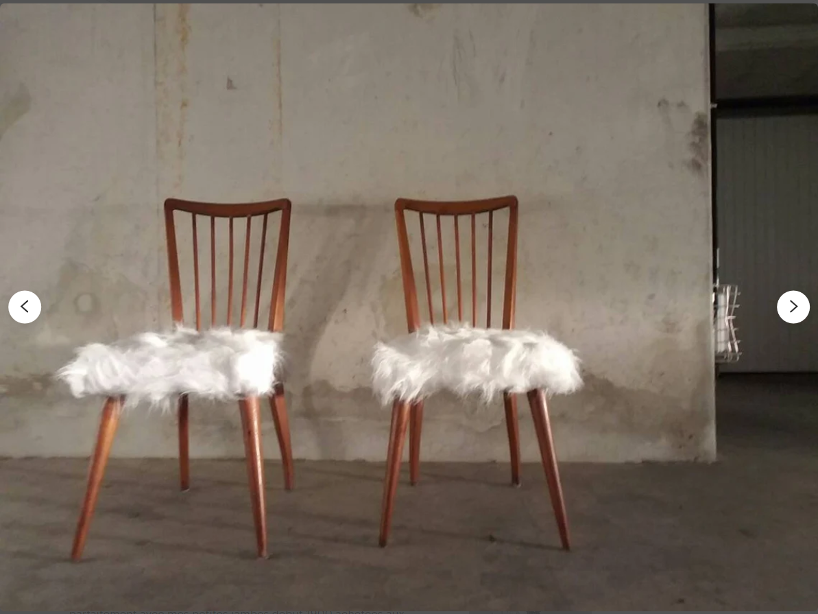 Pair of vintage Scandinavian Hygge chairs in solid wood and synthetic Mongolian sheepskin seat