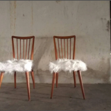 Pair of vintage Scandinavian Hygge chairs in solid wood and synthetic Mongolian sheepskin seat