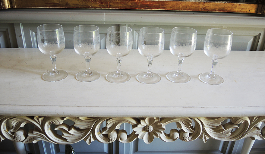 Set of 24 old engraved crystal foot glasses