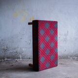 Large red and grey wool tartan upholstered bench with wooden frame