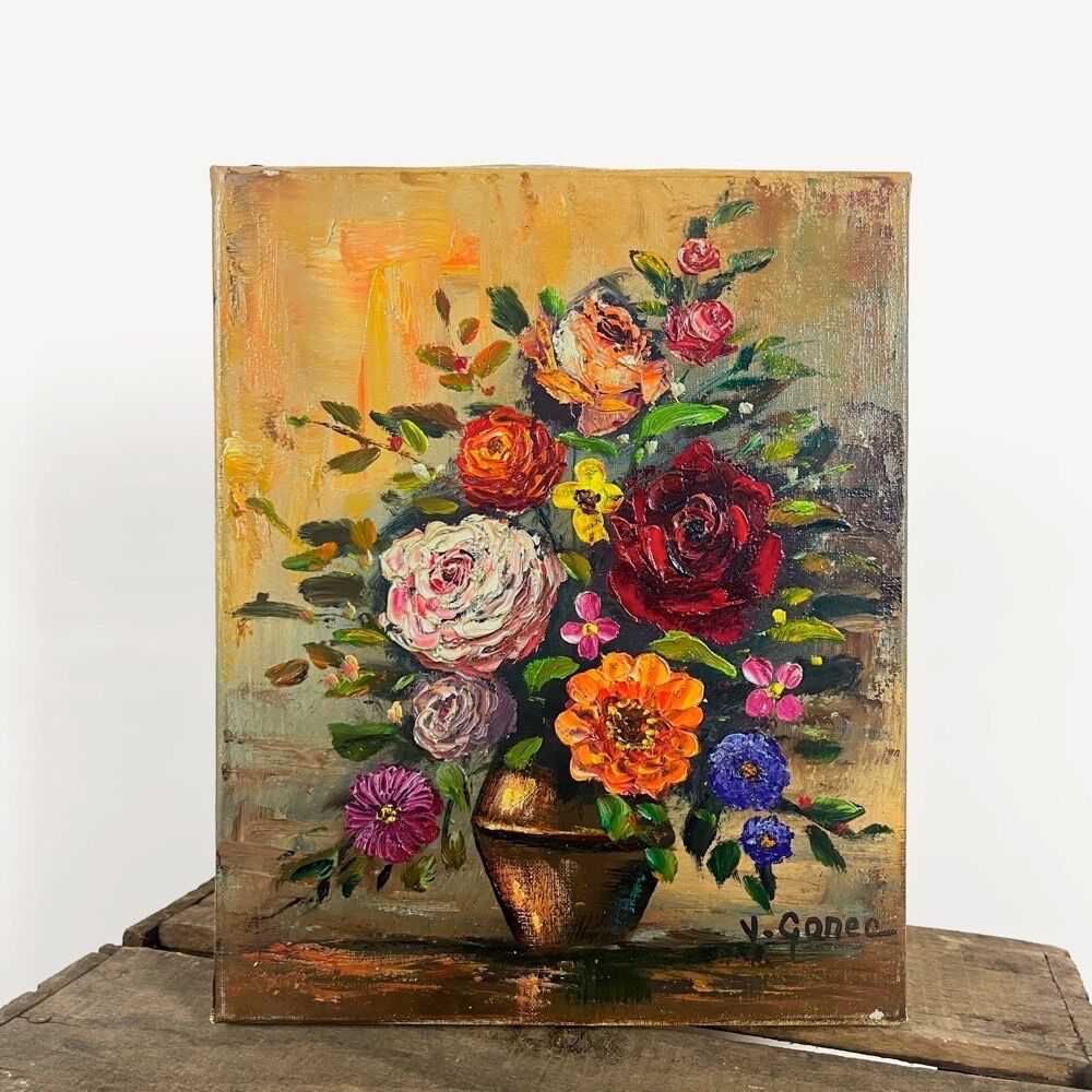 Oil on canvas still life "bouquet" Yves Gonec middle twentieth century